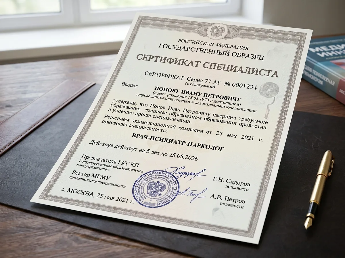 Сертификат специалиста врача-психиатра-нарколога, государственный документ установленного образца с подписями и печатями