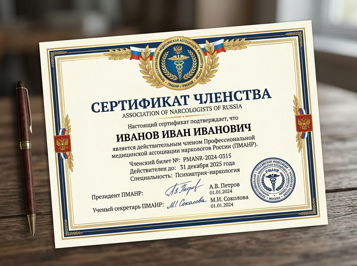 Свидетельство о членстве в профессиональной медицинской ассоциации наркологов России, официальный документ с логотипом организации